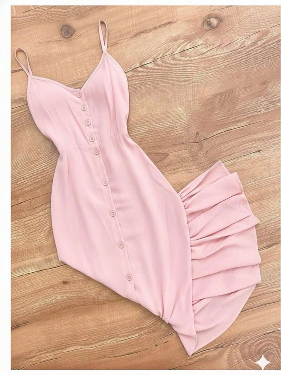Long Dress In Viscose Linen, Plain, With Thin Straps, Buttons Down The Front, Padded Cups And Lining. Elasticated Back. - Baby Pink - View 1