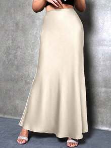 Plus Size Women Elegant Maxi Satin Skirt, Solid Color Spring - Beige - View 5