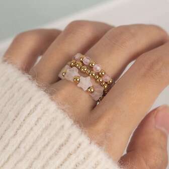 3pcs Women's Bohemian Star Natural Stone + Stainless Steel Ring Set, Elastic Cord Adjustable Size, Elegant Jewelry Wedding Gift, Suitable For Daily, Holiday, Party Wear, Gift Box Packaging