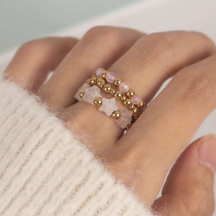 3 Stücke Damen Boho Stern Naturstein + Edelstahl Ring Set, elastisches Kordel verstellbare Größe, eleganter Schmuck Hochzeitsgeschenk, geeignet für Alltag, Urlaub, Party Tragen, Geschenkbox Verpackung - Sternenring-Set - Übersicht 1