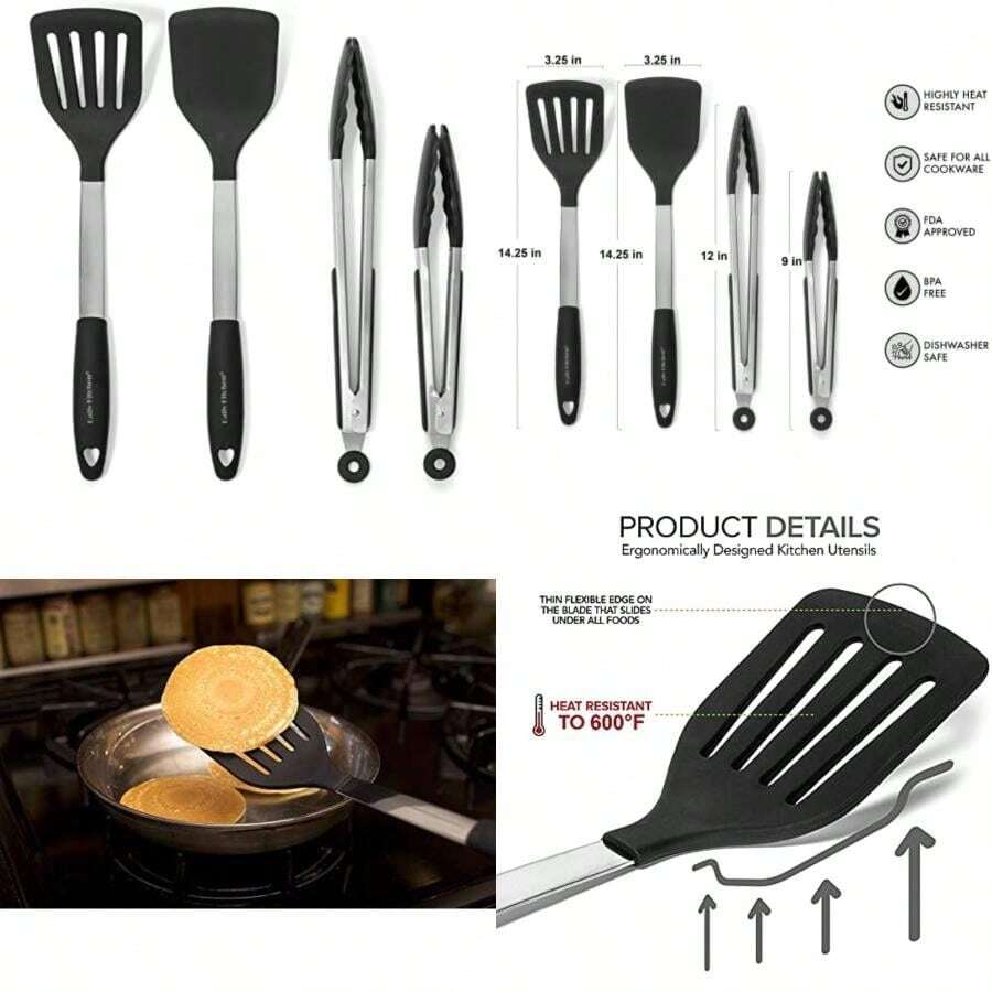 Daily Kitchen - Espátulas de Cocina de Silicona Resistente Calor y Acero Inoxidable - Pinzas y Volteadores con Agarre de Goma - Pinzas de Silicona Flexibles para Cocinar y Utensilios de Cocina(Turners and Tongs 4-Set) - Tipo 1 - Ver 1