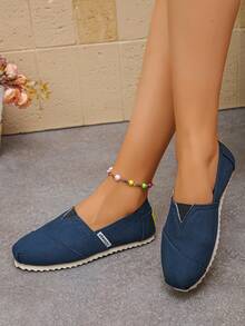 1 Pair Women's Canvas Slip-On Shoes, Low-Top, Comfortable, Fashionable, Breathable, Minimalist, Lightweight, Non-Slip, Versatile, Solid Color, Flat Loafers - Blue - View 6
