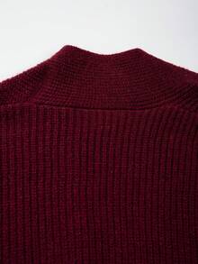 Women's Solid Color Casual Vertical Stripe Textured Design V-Neck Loose Wrap Waist Tie Long Sleeve Sweater Cardigan, Suitable For Spring, Autumn And Winter - Burgundy - View 10