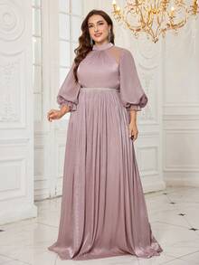 UNITHORSE Plus Đầm dạ hội dài tay cổ đứng màu trơn Lyocell ôm vừa vặn cho nữ - Màu tím hoa cà - Xem 4