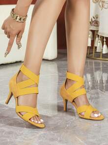 Sandálias femininas de salto alto, modelo gengibre, com tiras elásticas cruzadas no estilo romano, perfeitas para a primavera e o verão. - Gengibre - Ver 4