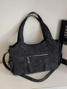 Retro Minimalist Large Capacity Fashion Student/Work Commute Tote Bag - Black - View 10