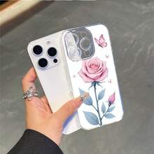 CLEAR  CASE Pink Rose With Blue Leaves And ButterfliesCompatible With  11 To  17 Models The Cases Lens Protection Function Ensures The Camera Remains Undamaged During Shooting  Guaranteeing Image Quality - Clear - View 4