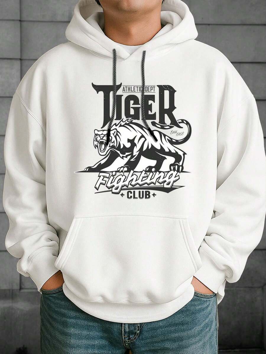 Sudadera con Capucha para Hombre con Patrón de Tigre y Letras de Lucha - Estilo de Calle Holgado con Bolsillo Canguro, Estampado de Tigre en Blanco y Negro, Suéter Casual Cómodo de Invierno, Regalo para Entusiastas de las Artes Marciales (Taekwondo, Karate, Kickboxing) - Blanco - Ver 1