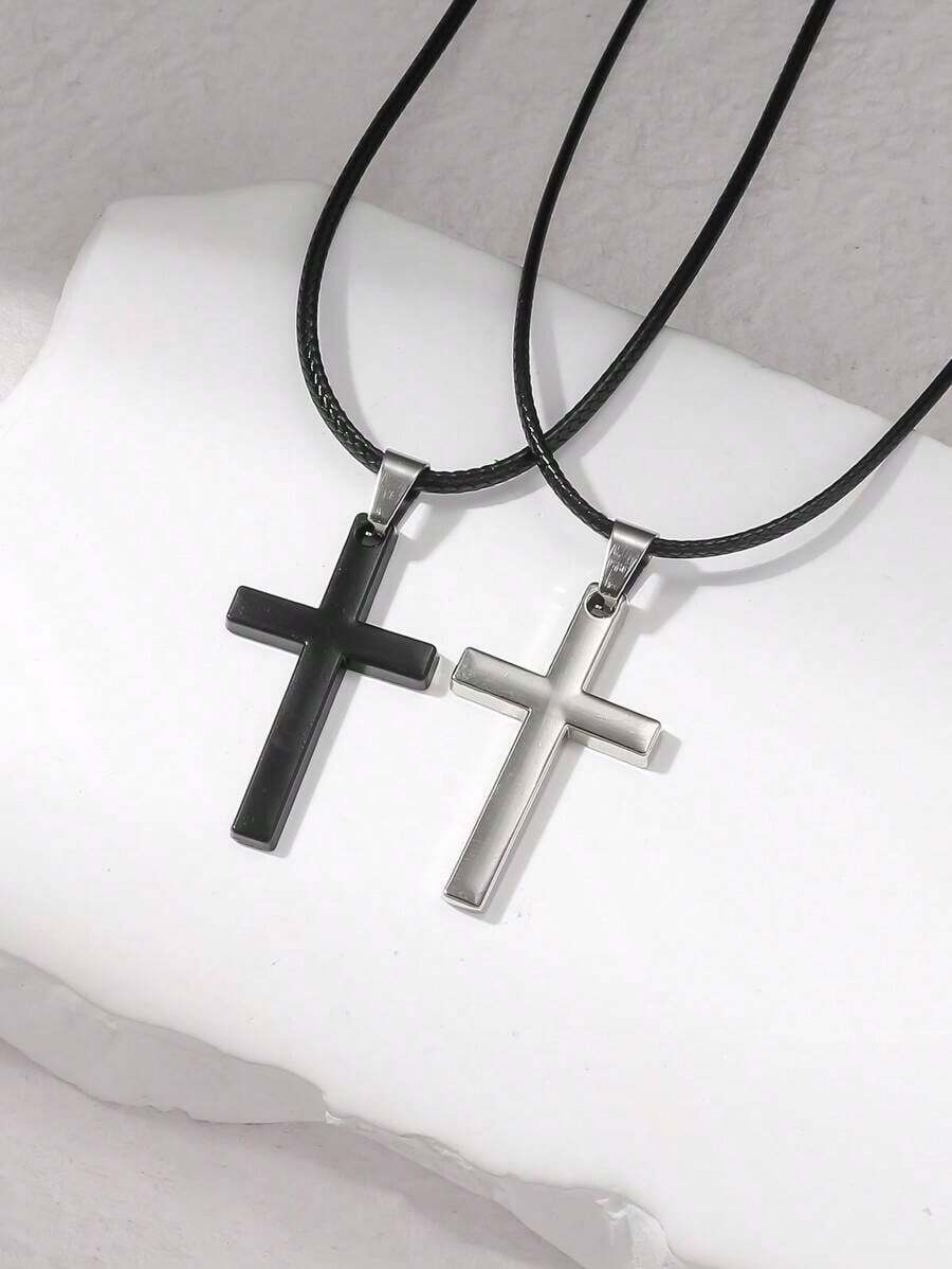 2pcs Couple Style Cross Pendant Necklace, Best Friends & Siblings & Lovers Memorial Cross Necklace - 黑色 - 查看 1