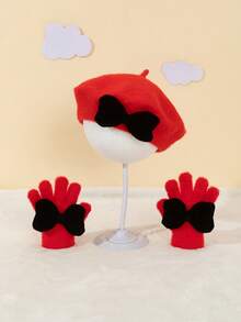 2pcs New Year Hat Set, Christmas Hat Set, Pink Velvet Bow Beret Hat + Gloves Set For Kids, Warm Beret Hat + Gloves Set For Autumn/Winter - 2 Pcs - View 8