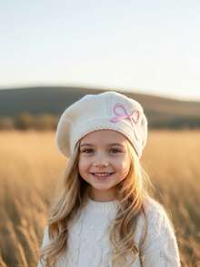 1pc Girls' Embroidered Bow Knit Beret Hat, New Autumn/Winter Knitted Hat, Decorative Hat, Painter Cap, Warm For Autumn/Winter, Versatile For All Seasons - 1PC - View 16
