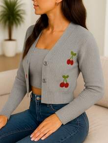 Elegante cárdigan corto negro para mujer, de punto acanalado, con cuello en V, manga larga y botones al frente. - Gris - Ver 2