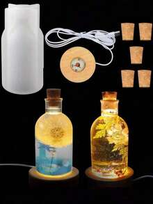 Driftwood Bottle Lamp Resin Mold Set, LED Lamp Shade Silicone Resin Mold With 1 USB-Powered Wooden Lighting Base And 5 Wooden Corks, For DIY Desktop Crafts, Party, Wedding, Desk Lamp And Home Decor, Furniture Ambiance Setting, Creative Gift, Holiday Present For Family And Friends, Bedside Lamp