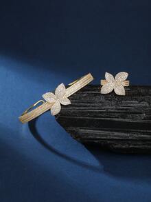 2pcs Copper Bracelet & Ring Jewelry Set, Floral Zirconia Design, Fashionable & Charming, Suitable For Gifts And Daily Wear - 026224 - View 8