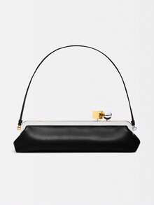 Women's Shoulder Bag With Detachable Strap, Fashionable Baguette Bag, Luxury Designer Handbag With Clasp - Black - View 3