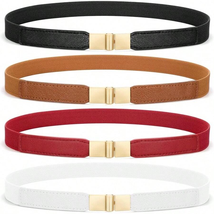 SUOSDEY 4 Pack Women Elastic Belt, Ladies Stretch Belt Dresses Pants Thin Waist Gold Belt - 黑+棕+紅+白 - 查看 1