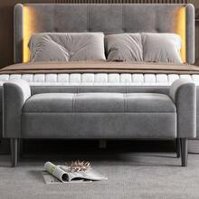 Upholstered Benches With Armrests, Bed Benches, Bed Stools, Bedroom Benches, Piano Benches, Dining Benches With Plaid Pattern, Velvet, MDF, Grey - Gray + Velvet - View 10