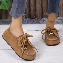 Mocasines planos con flecos para mujer, nuevos de 2025 en unicolor, de ante con cuentas y suela blanda tipo slip-on - Marrón - Ver 4