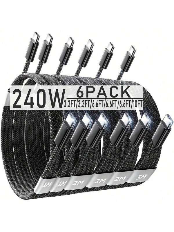 USB C Cable, 6-Pack [3.3/3.3/6.6/6.6/6.6/10FT] USBC To USBC Cable Compatible With IPhone 16e 15 Pro Max Charger Cord, 240W C To C Cable Fast Charging For Galaxy S25/S24/23, Switch 2, IPad, Black