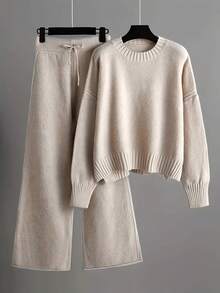 Women's Loose Solid Color Knitted Two Piece Set (Spring Thin) - Round Neck Long Sleeve Irregular Hem Autumn/Winter Sweatshirt And Wide Leg Pants With Split Cuffs, Comfortable Casual Wear, Casual Sportswear, Casual Knitted Set, Women's Thin Knitted Sweater Set, Women's Sportswear Set - 杏色 - 查看 1