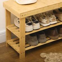 HOMCOM Shoe Bench, Bamboo Wardrobe Bench With 3 Shelves For 6 Pairs Of Shoes, Shoe Rack 70 X 28 X 45, Natural On-Site Storage Solution - 1 - 查看 4