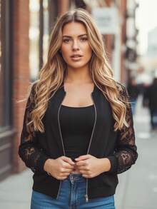 Women  Baseball Jacket Patchwork Lace Long Sleeve Zip-Up Bomber Coat For Winter Fall