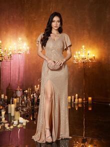 优雅 V 领荷叶边袖收腰亮片装饰褶皱晚礼服 - 香檳色 - 查看 4