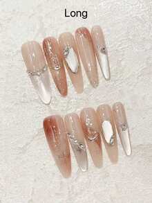 10pcs Luxury Amber Gradient Cat Eye Nail Tips, Oval Shaped, Suitable For Daily Wear, Dates, Brightening, Reusable Handmade Nail Covers With Jelly Gel, Mini Nail File Nails - Brown - View 3