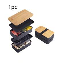 1 pieza Caja Bento de doble capa, caja de almuerzo con estampado de madera con gran capacidad, recipiente de preparación de comida apto para microondas para estudiantes y trabajadores de oficina, útiles escolares