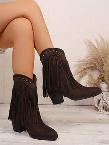 Zapatos de mujer, botas de moda para mujer, botines para mujer, nuevos botines slip-on para mujer, botines de estilo retro francés para mujer, botines de tacón grueso minimalistas y cómodos para mujer, botines marrones versátiles, botines de punta puntiaguda de ante para mujer - Marrón - Ver 1