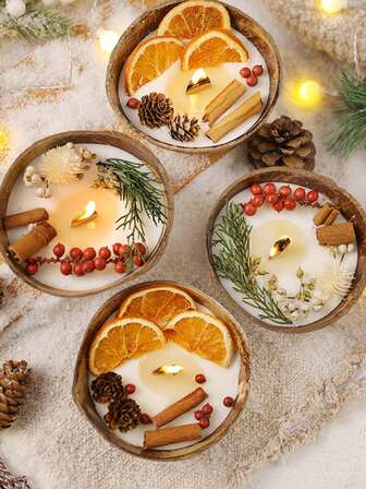 2pcs/1pc New Coconut Bowl Scented Candles, Creative Shaped Candles, Plaster Dried Flower Fragrance Candles, Home Bedroom Ambiance, Candle Party Decor, Home Candles, DIY Candles, Christmas Gifts, Wedding Decor, Valentine's Day Gifts, Decorative Candles, Best Friend Gifts, Gifts For Women, Home Decor Candles, Winter Gifts, Aromatherapy Candles, Candles (2pcs Orange Cinnamon) Orange Cinnamon, Lemon New Arrival