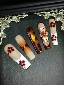 10pcs Glossy Y2K French Style Nail Stickers, Pink Nails, Red Nails, Light Blue Nails, Shiny Brown Nails, 3D Handmade Starfish & Shell Decor, 3D Hand-Painted Water Wave, Cherry, 3D Colorful Carved Flower Rectangle Acrylic Nails, Perfect For Bikini Beach Matching. - 摩卡棕 - 查看 13
