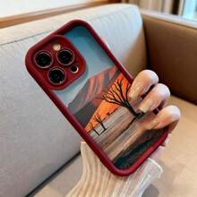 Cubierta de teléfono con borde negro diseño de paisaje desértico con árboles secos y montañas al atardecer para uso diario y viajes - Negro - Ver 6