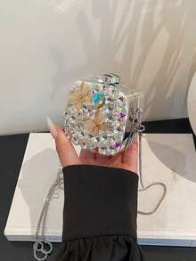 New Fashionable Niche Design Mini Bow Versatile Lipstick Earbud Coin Purse Women's Chain Shoulder Crossbody Bag (Handmade, Random Color, Quantity And Position Of Rhinestones) - Silver - View 3