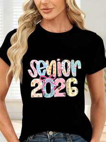 T-Shirt With Floral Print And Text Senior 2026 For Graduation - 黑色 - 查看 6