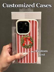 1件可客製化文字紅白條紋紅蝴蝶結聖誕花環圖案手機保護殼 - 白色 - 查看 4