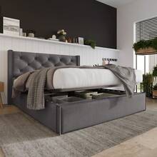 Upholstered Double Hydraulic Bed 160x200cm, Bed With Metal Mesh Frame, Modern Bed Frame With Storage, Cotton, Grey - Grey + Cotton - View 2