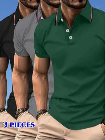 3pcs Set Men's Summer Polo Shirts, Versatile, Breathable, Comfortable Short Sleeve Tops, Casual Business Polo Shirts, Outdoor Sports Moisture-Wicking T-Shirts