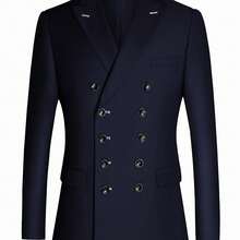 YonnePhnne Men'S Double-Breasted Solid Color Blazer With Front Pocket - Notch Lapel, Long Sleeve, Regular Fit All-Season Formal & Casual Wear, Versatile Menswear, Elegant Button Detail - 藏蓝色 - 查看 1