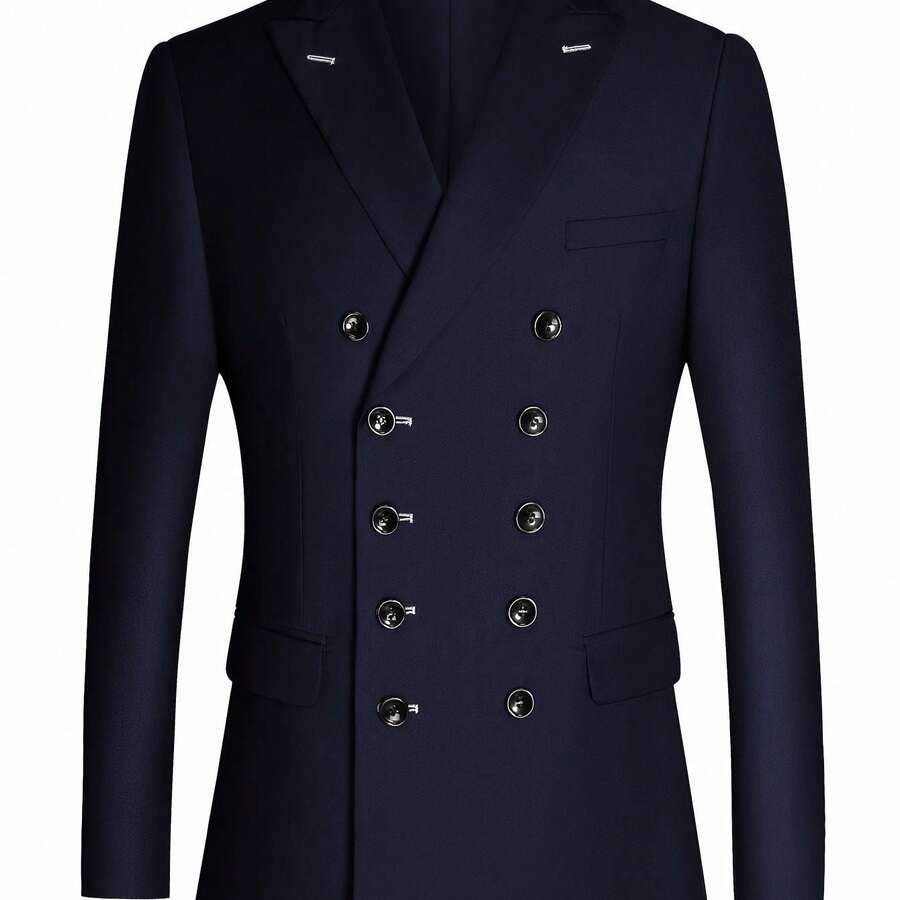 YonnePhnne Men'S Double-Breasted Solid Color Blazer With Front Pocket - Notch Lapel, Long Sleeve, Regular Fit All-Season Formal & Casual Wear, Versatile Menswear, Elegant Button Detail - 藏蓝色 - 查看 1