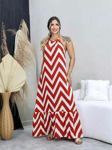 Long Summer Dress With Zig Zag Stripes, Halter Neck, And Built-In Bra. - Red - View 3