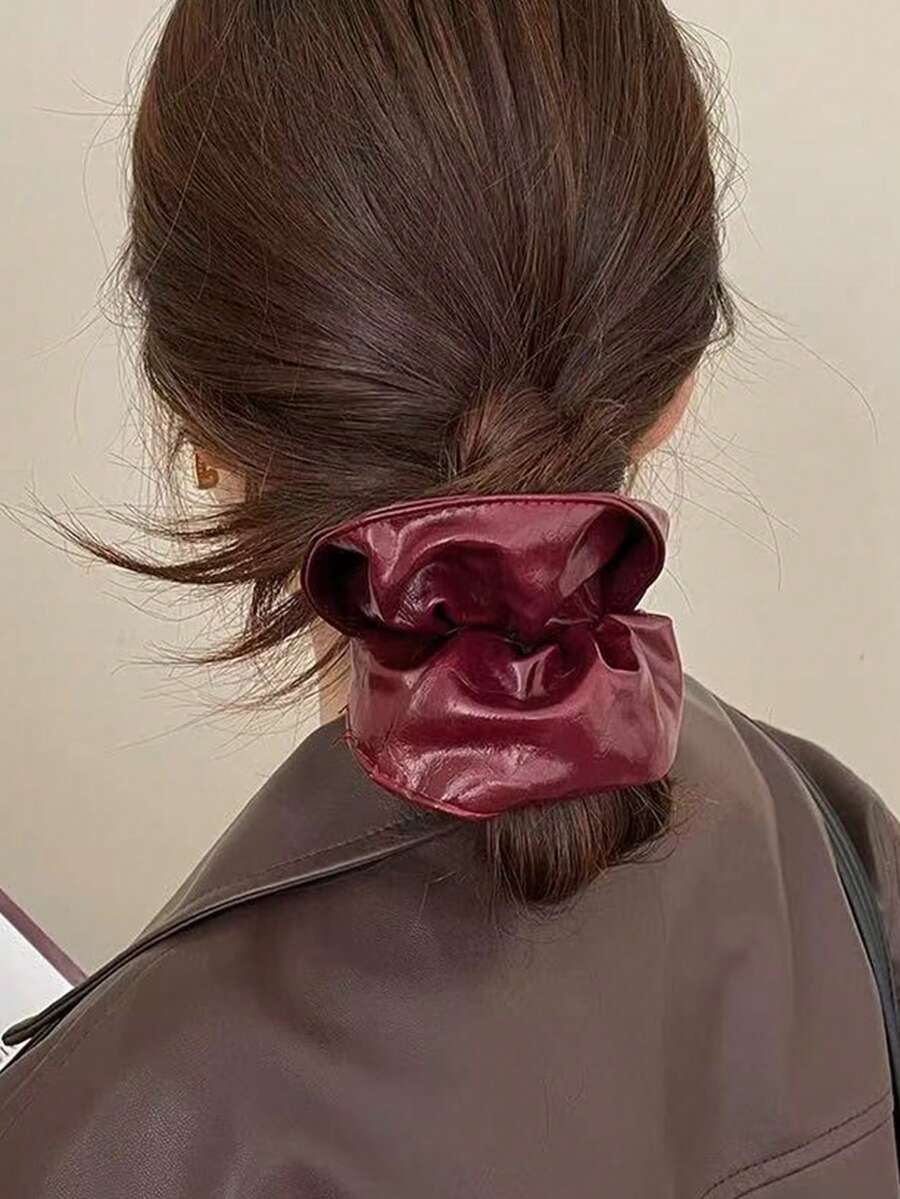 1 pezzo Scrunchie per capelli in pelle rossa lucida vintage di alta qualità, accessorio per capelli alla moda per le donne - Rosso - Visualizzare 1