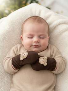 3pcs/Set Embroidered Bear Design Baby Boy Mittens, Cartoon Knitted Thick Warm Gloves, Candy Colors, Suitable For Autumn/Winter, 0-12M