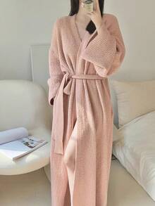 1Pc Women's Bathrobe, , Winter Robe,Kimono Robe, House Robe,Sleepwear,Minimalist European Style Long Sleeve, Spring,Autumn, Petite To Plus Size, Lightweight Solid Color Loungewear,Bathroom, Back To School - Multicolor - View 12