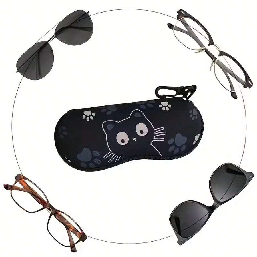 1pc Black Cat Pattern Eyeglass Case, Soft & Durable Neoprene Glasses Pouch, Scratch-Resistant Protective Sleeve, Compact & Portable, Storage & Protection, Suitable For Travel, Daily Use, Outdoor Activities, Unisex Fashion Accessory - Multicolor - View 1