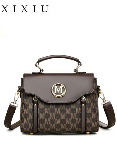 Bolso bandolera minimalista retro con estampado, cierre con solapa y correa de PU ajustable