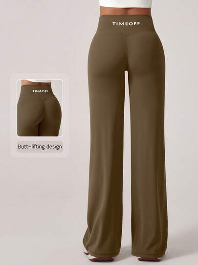 TimeOff 1Pc Women'S Simple Elastic V-Shaped Lifting Straight Wide-Leg Letter Print Sports Pants Tights