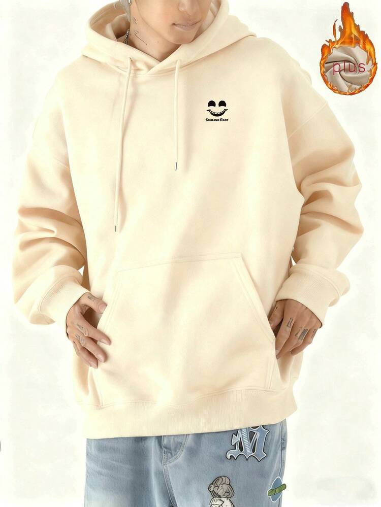 2025 Sudadera con Capucha de Forro Polar de Ajuste Holgado para Hombre Otoño Invierno Nuevo Estilo Coreano  Ins Casual Versátil Cálido de Manga Larga Top Juvenil Estudiante Impresión de Cara Sonriente Chaqueta Pullover - Blanco - Añade 11