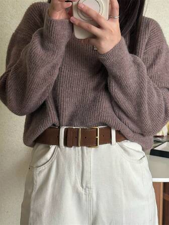 1pc Women's Wide Waist Belt, Vintage Gold Buckle Suede High-End Leather Belt, Brown, Suitable For Daily Wear