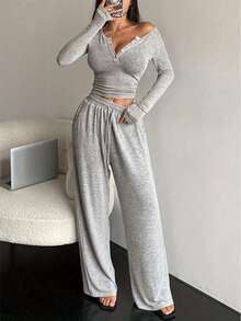 2pcs Set Women Long Sleeve Solid Color Top And Pants Suit, Spring/Autumn/Winter, Two Pieces Set Cozy Outfit, Fall Clothes - Grey - View 6